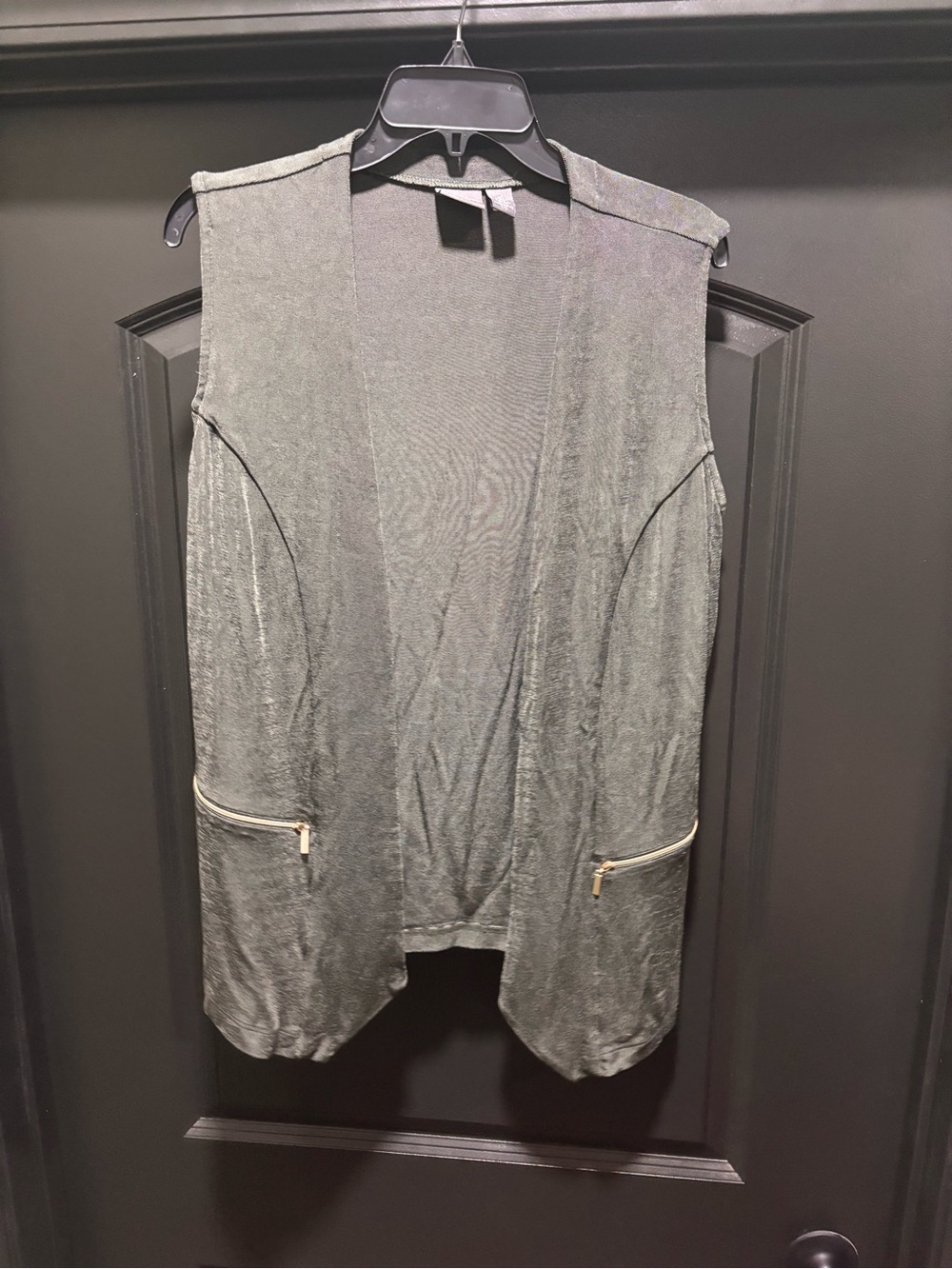 Green metallic Open-Front Vest with Zip Pockets